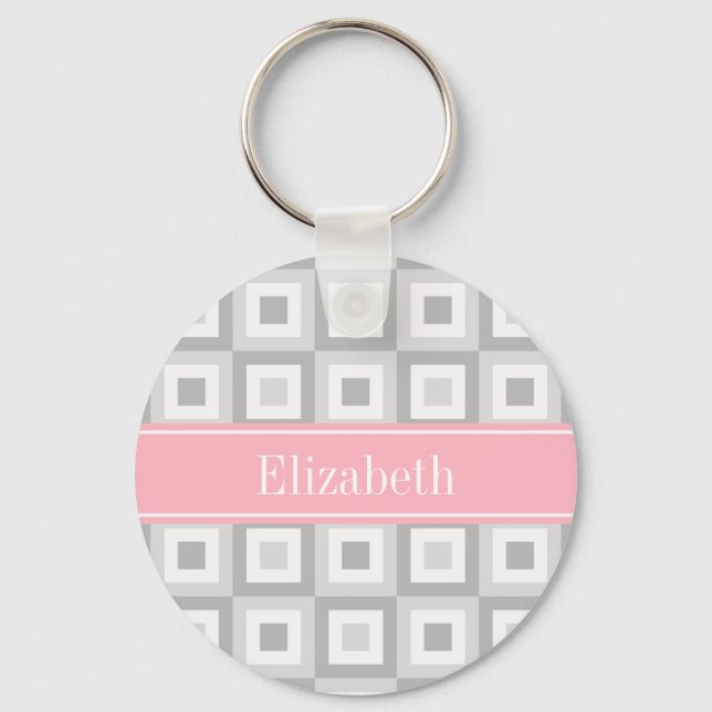 2 Grey Wht Concentric Square Pink Name Monogram Keychain (Front)