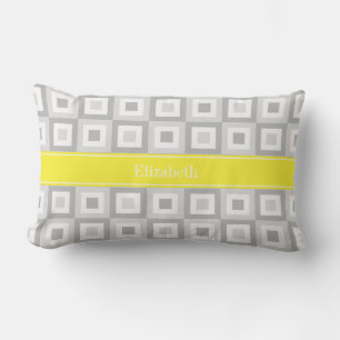 2 Grey Wht Concentric Square Yellow Name Monogram Lumbar Pillow