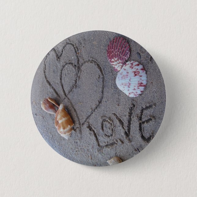 2 Hearts  in the sand with shells with Love 2 Inch Round Button (Front)
