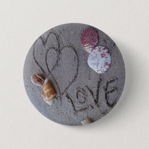 2 Hearts  in the sand with shells with Love Inch Round Button