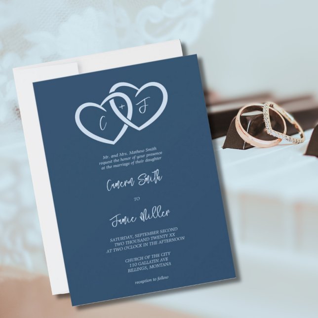 2 Hearts Intertwined with Initials Indigo Wedding Invitation (2 Hearts Intertwined with Initials Indigo Wedding Invitation)