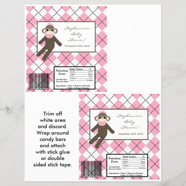 2 Hershey's Large Bar Wrapper Pink Sock Monkey (Front)