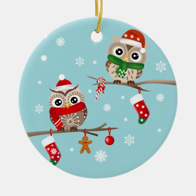 2 hiboux sur Noël s'embranche ornement (Devant)