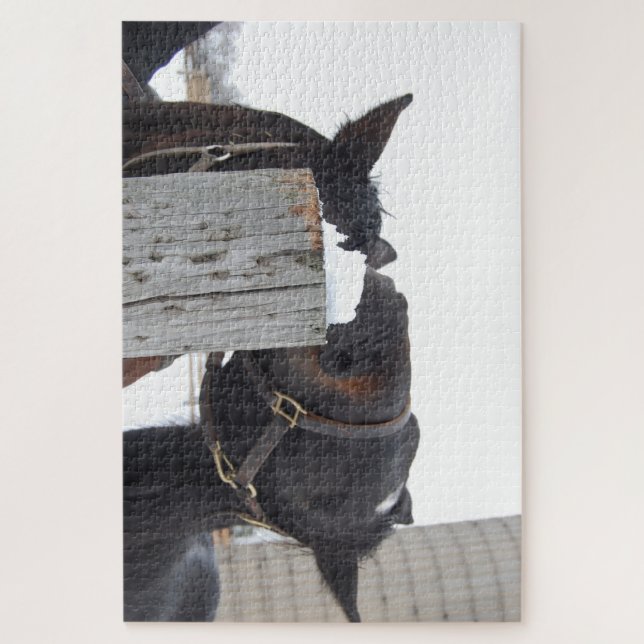 2 horses chewing on a Fence Post Jigsaw Puzzle (Vertical)
