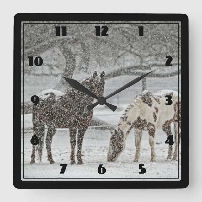 2 Horses Outside in Winter during Snowy Weather Square Wall Clock (Front)