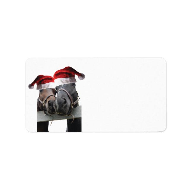 2 Horses wearing Santa Claus Hats for Christmas Label (Front)