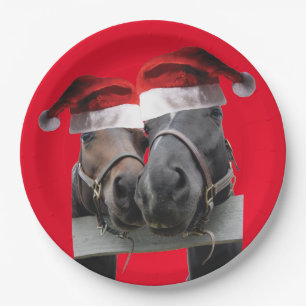 2 horses wearing Santa Claus Hats for Christmas Paper Plate