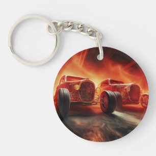2 Hot Rods Racing Each Other At Fantasy Drag Strip Keychain