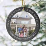 2 House Photos First Xmas New Home Faux Chalkboard Ceramic Ornament<br><div class="desc">Celebrate the joy of your new place with a custom two photo "First Christmas in our New Home" faux chalkboard round ceramic ornament. All text and pictures on this template are simple to personalize, and can be different or the same on front and back. (IMAGE & TEXT DESIGN TIPS: 1)...</div>