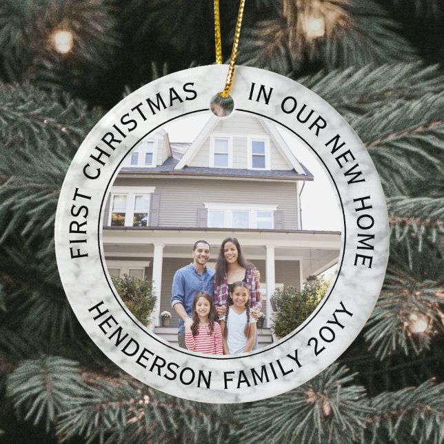 2 House Photos First Xmas New Home Faux Marble Ceramic Ornament (Creator Uploaded)