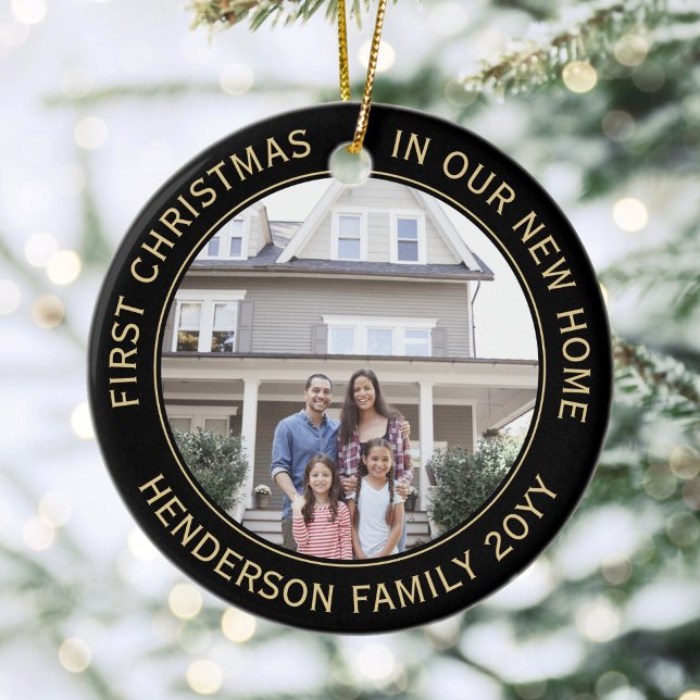 2 House Pictures First Xmas New Home Black & Gold Ceramic Ornament (Creator Uploaded)