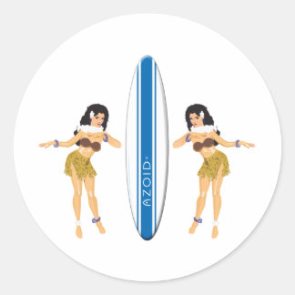 2 Hulas and Surf Board Classic Round Sticker
