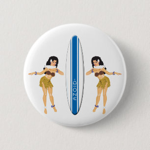 2 Hulas and Surf Board Inch Round Button
