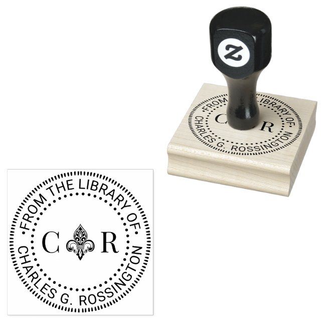 2 Initial Mongm Fleur de Lis #26 Library Book Name Rubber Stamp (Stamped)