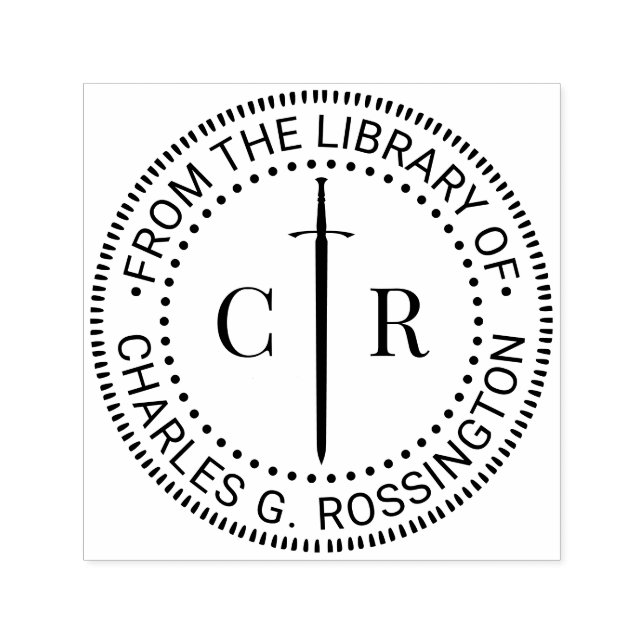 2 Initial Monogram Celtic Sword Library Book Name Self-inking Stamp (Design)