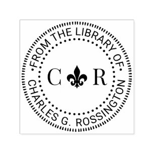 2 Initial Monogram Fleur de Lis Library Book Name Self-inking Stamp