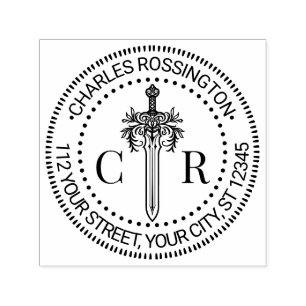 2 Initial Monogram Floral Sword #4 Name Address Self-inking Stamp
