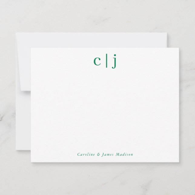2 Initial Monogram Forest Green Couple Stationery Card (Front)