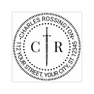 2 Initial Monogram Sword #1 Name Return Address  Self-inking Stamp