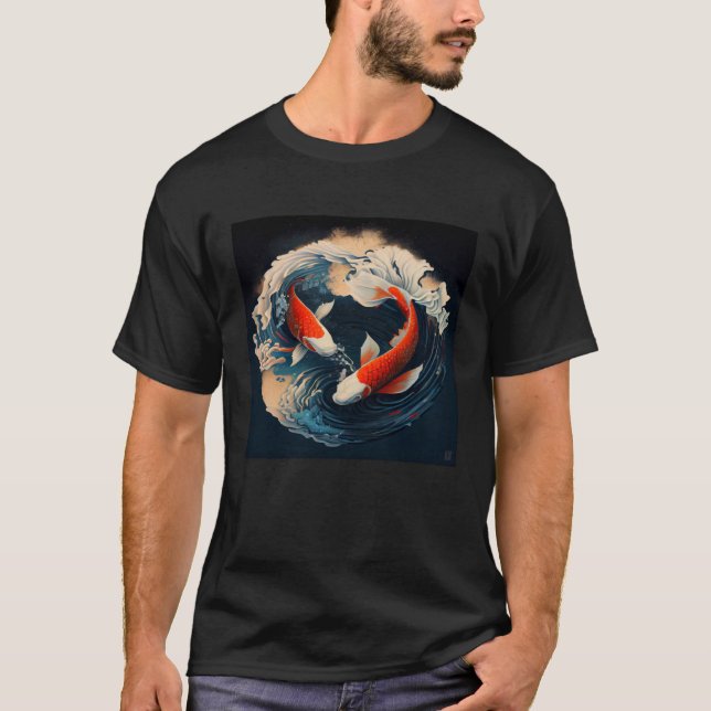2 Koi Fish swimming in a Japanese style wave T-Shirt (Front)