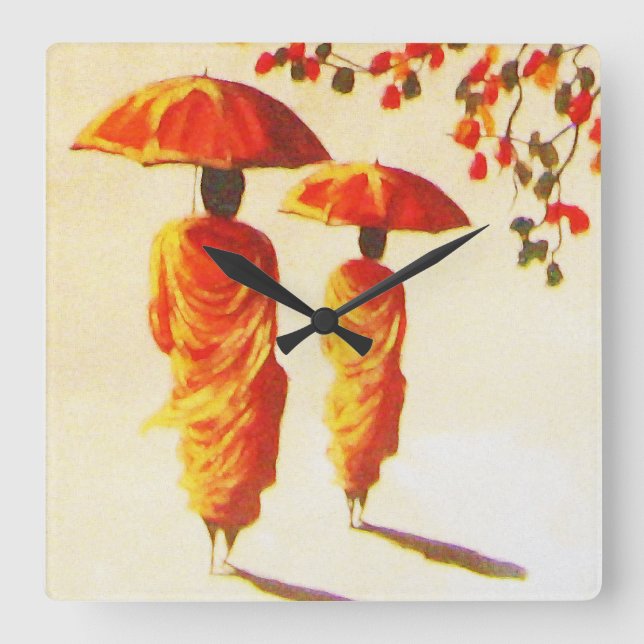 2 Laotian Buddhist Monks Square Wall Clock (Front)