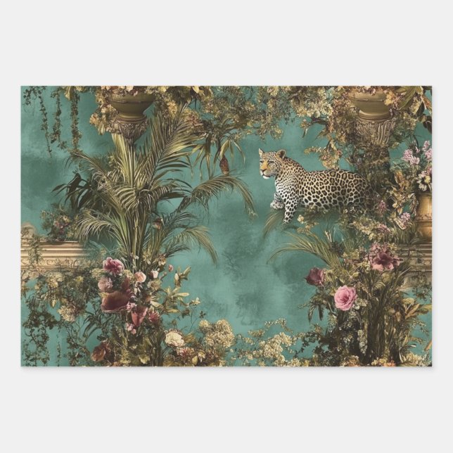 #2 Lush Ornate Scene Leopard Foliage Wrapping Paper Sheet (Front 3)