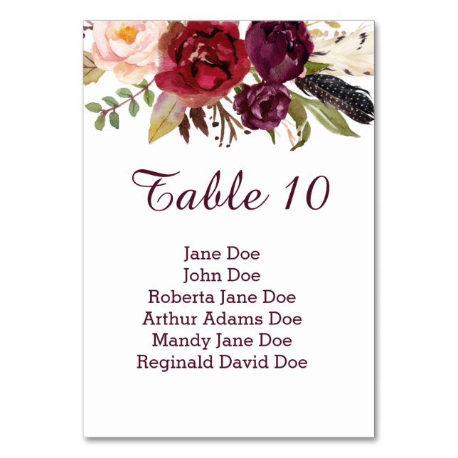 #2 Marsala Red White Roses Feathers Boho Table Number (Front)