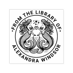 2 Mermaids Making Heart Sign Library Book Name Self-inking Stamp