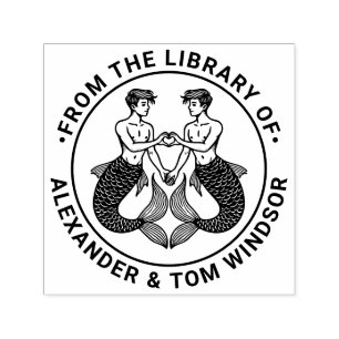 2 Mermen Making Heart Sign Library Book Name Self-inking Stamp