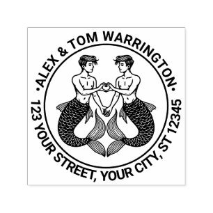 2 Mermen Making Heart Sign Name Return Address Self-inking Stamp