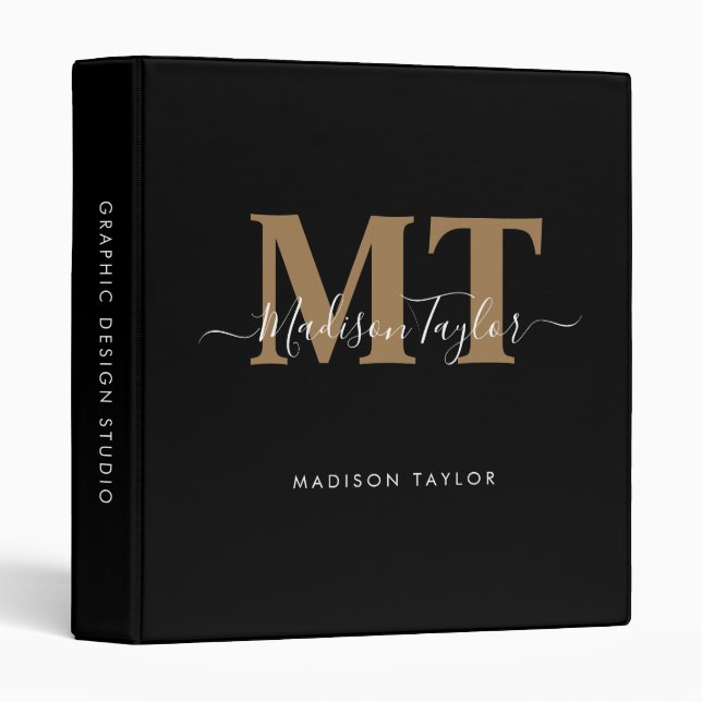 2 Monogram Black Gold Script Office School Binder (Front/Spine)