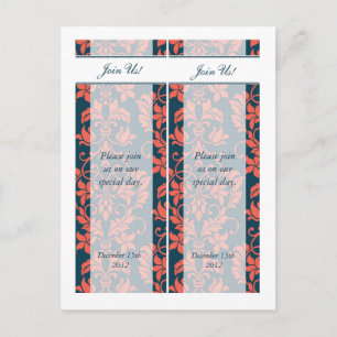 2 Navy and Coral Damask Save the Date Bookmarks Announcement Postcard