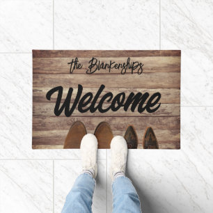 2 Pairs of Boots on Rustic Wood Custom Doormat