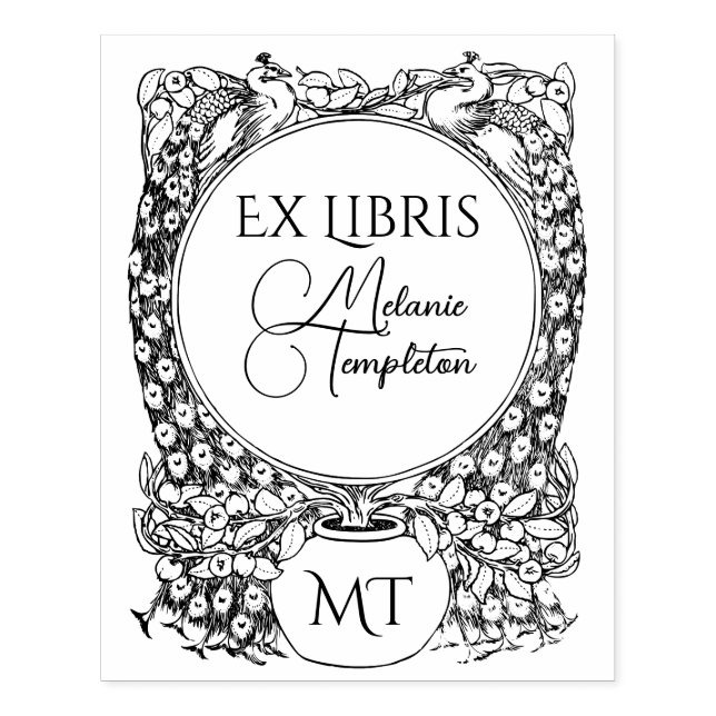 2 Peacocks Surrounding Potted Plant Ex Libris Name Rubber Stamp (Imprint)