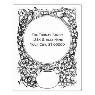 2 Peacocks Surrounding Potted Plant Name Address  Rubber Stamp