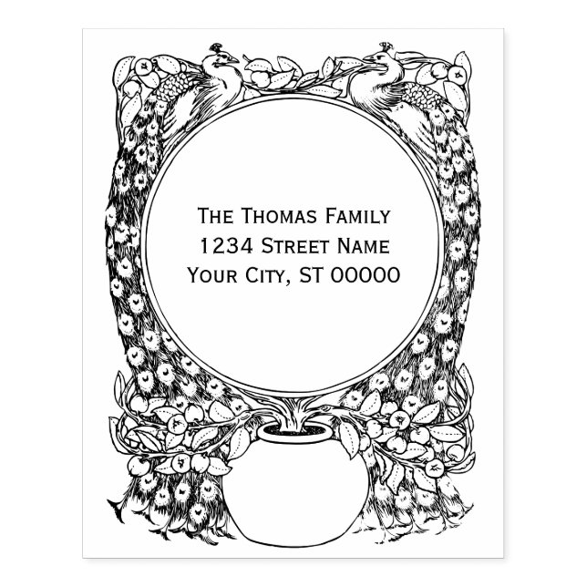 2 Peacocks Surrounding Potted Plant Name Address  Rubber Stamp (Imprint)