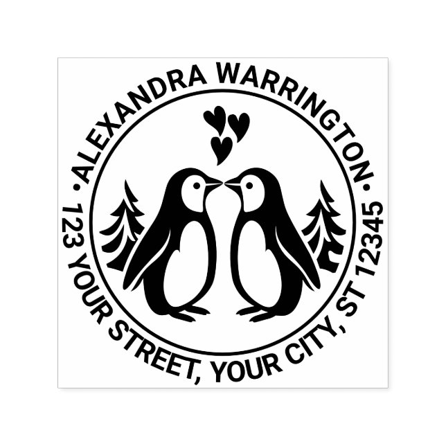 2 Penguins Kissing, Hearts Name Return Address Self-inking Stamp (Design)