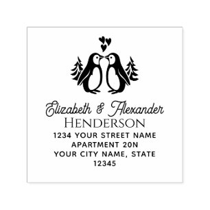 2 Penguins Kissing, Hearts SQ Name Return Address Self-inking Stamp