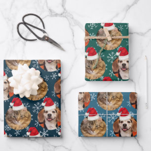 2 Pet Photo Santa Hat on Heads Blue Teal Wrapping  Wrapping Paper Sheet