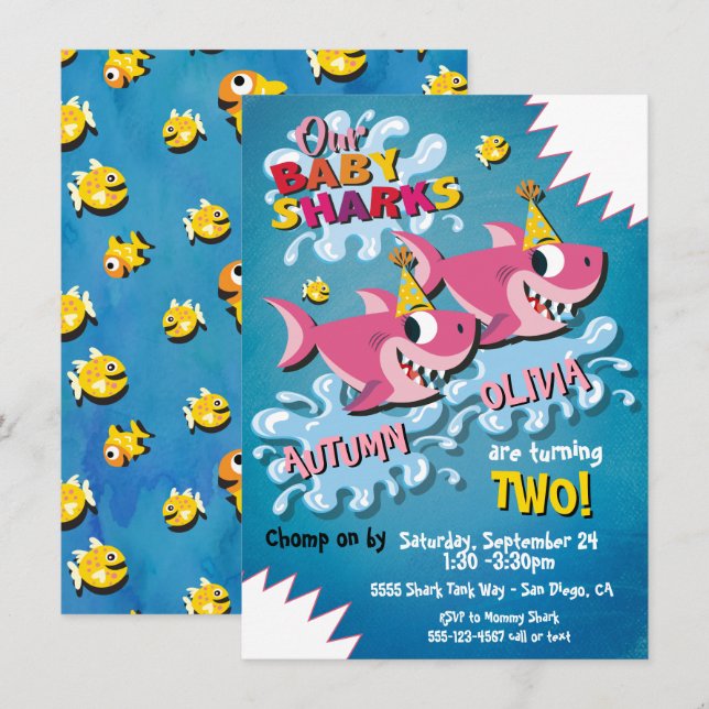 2 Petits requins Bébé Invitation de fête d'anniver (Devant / Derrière)