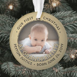 2 Photo 1st Christmas as Grandparents Black & Gold Ornament<br><div class="desc">Celebrate the precious gift of your newest family member with a custom 2 photo "Our First Christmas as Grandparents" faux gold foil round ceramic ornament. Gender neutral design is suitable for a new baby boy or girl grandchild. Picture and all text on this template are simple to personalize. (IMAGE &...</div>