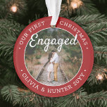 2 Photo 1st Christmas Engaged Elegant Red & White Ornament<br><div class="desc">Celebrate the joyful 1st holiday of your engagement with a custom 2 photo "Our First Christmas Engaged" round acrylic ornament. All text and images on this template are simple to personalize and can be different or the same on front and back. (IMAGE & TEXT DESIGN TIPS: 1) To adjust position...</div>