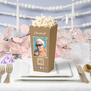 2 photo add name 40th *any age brown popcorn favor box