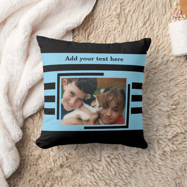2 photo add text black blue throw pillow (Blanket)