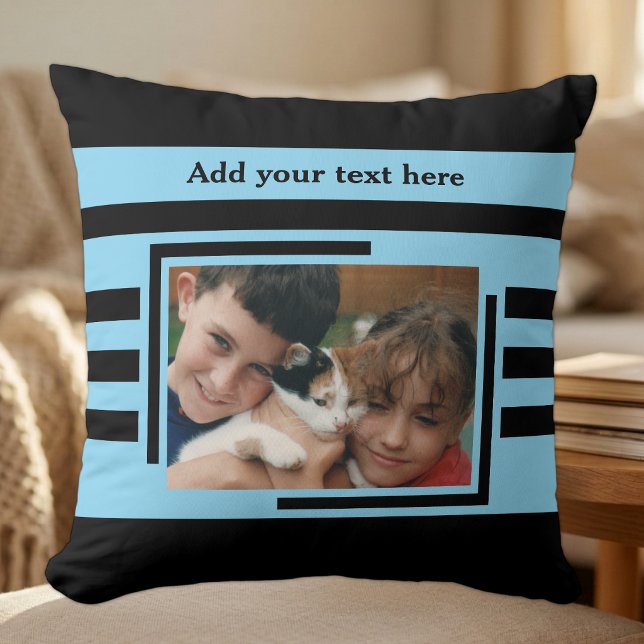 2 photo add text black blue throw pillow (Creator Uploaded)