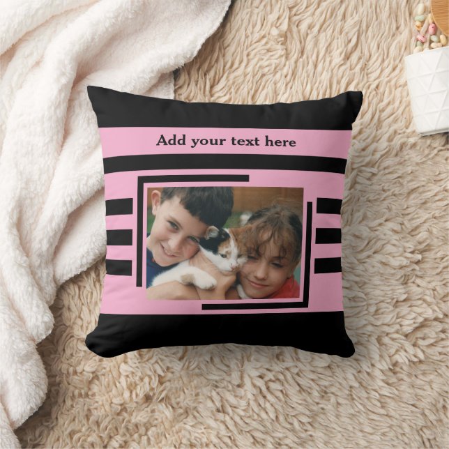 2 photo add text black pink throw pillow (Blanket)