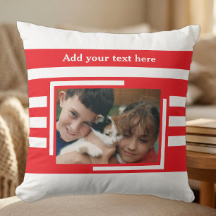 2 photo add text white red throw pillow