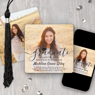 2 Photo and Black Script Overlay Square Graduation Announcement
