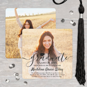 2 Photo and Black Script Overlay Square Graduation Announcement