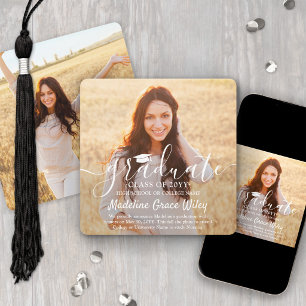 2 Photo and White Script Overlay Square Graduation Announcement